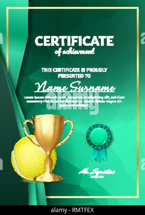 Gioco di Tennis Diploma certificato con Golden Cup vettore. Sport laurearsi campione. Premio Migliore. Vincitore del Trofeo. A4 verticale. Illustrazione Illustrazione Vettoriale