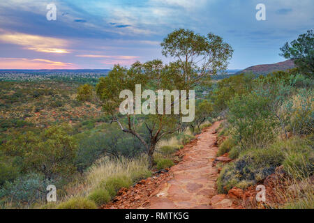 Escursionismo Kings Canyon al romantico tramonto, Watarrka National Park, il territorio del nord, l'australia Foto Stock