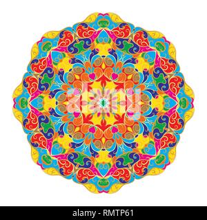 Ornati, mandala orientale con contorno d'oro. Vector round ornamento colorato in toni di marrone isolato su uno sfondo bianco. Illustrazione Vettoriale