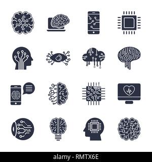 Semplice insieme di intelligenza artificiale relative icone di linea contiene tali icone come droid, occhio, chip, cervello Illustrazione Vettoriale