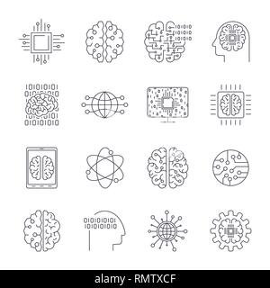 Le icone nel contorno, sottile e il design lineare. Intelligenza artificiale, tecnologia moderna. Concetto illustrazione per il sito web, applicazioni, programmi. AI, IoT, Robot Illustrazione Vettoriale