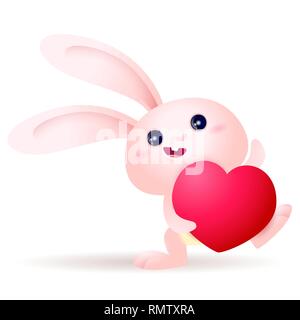 Piccolo grazioso bunnysmiling rosa con un grande cuore rosso su sfondo bianco Illustrazione Vettoriale
