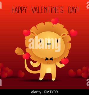 cute lion in a  bow tie juggling red heart balloons on maroon background as a valentines day card Illustrazione Vettoriale
