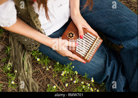 Donna che mantiene kalimba nelle sue mani e la riproduzione. Donna seduta sull'erba Foto Stock