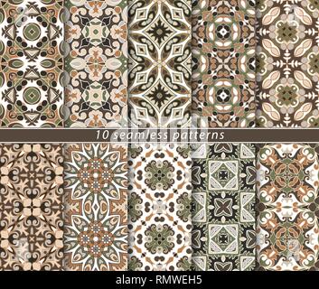 Set di dieci classic seamless patterns in sfumature di verde e marrone. Decorativi ed elementi di design per i tessili, copertine di libri, fabbricazione, sfondi, Illustrazione Vettoriale