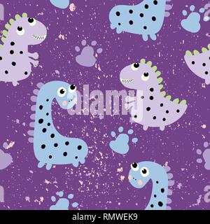 Bambini modello senza cuciture con mano dinosauro disegnato in stile scandinavo. Background creativo per tessuto tessile, avvolgimento. Illustrazione Vettoriale. Illustrazione Vettoriale