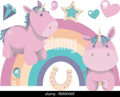 Vettore Collezione di Cartoon carino stile rosa fat baby unicorn illustrazioni con rainbow, stella, a ferro di cavallo, butterfly, cuore e diamante Illustrazione Vettoriale