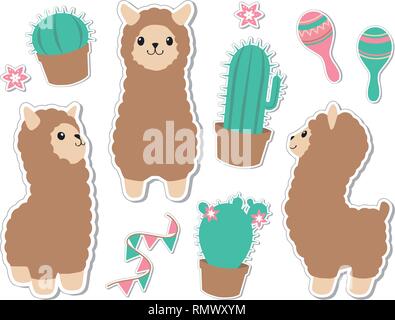 Carino collezione di grafica vettoriale brown fluffy alpaca o llama con cuctus rumba shakers e fiori Illustrazione Vettoriale