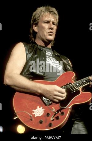 Rock inglese il chitarrista e cantante Alvin Lee è mostrato esibirsi sul palco durante un 'live' aspetto di concerto. Foto Stock