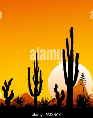 Tramonto nel deserto messicano. Sagome di pietre, cactus e piante. Il paesaggio del deserto con cactus. Il deserto pietroso. Illustrazione Vettoriale