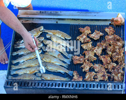 Ben cucinati fritti di pezzi di carne di quaglia e tutto il pesce trota su una griglia elettrica su una barca in mare aperto. Il concetto di cucina veloce delici Foto Stock