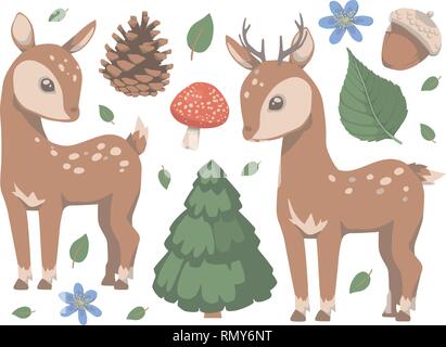 Raccolta di Cartoon carino stile animale foresta di cervo con funghi, pino, fiori e foglie illustrazione vettoriale Illustrazione Vettoriale