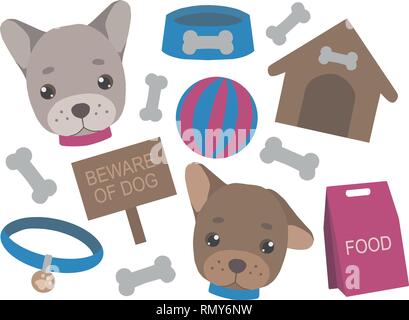 Cartoon vettore collezione set con teste di cucciolo, ossa, casa, giocattolo, cibo, collare e ossa Illustrazione Vettoriale