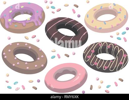 Vettore Collezione di delizioso stile cartoon smaltati e spolverati ciambelle dolci Illustrazione Vettoriale