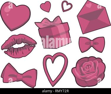 Valentino vettore collezione con cuori rosa, doni, rose, rossetto kiss, nastri e lettera d'amore Illustrazione Vettoriale