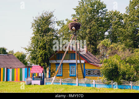 Cicogne a sedersi in un nido su un lampione vicino a casa colorati con un bene . La Bielorussia, Polesie. Foto Stock