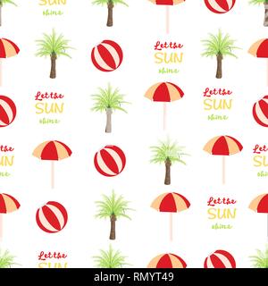 Modello senza cuciture con elementi d'estate, palla, ombrellone, Palm tree Illustrazione Vettoriale