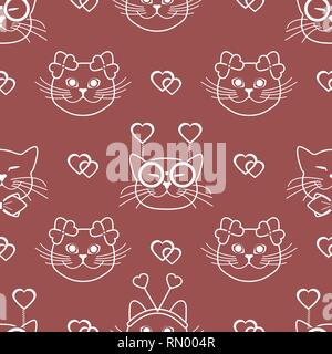 Seamless pattern con il muso di gatti in maschere di carnevale, bicchieri, tie, archi, lacci e cuori. Biglietto di auguri buon San Valentino. Backgr romantica Illustrazione Vettoriale