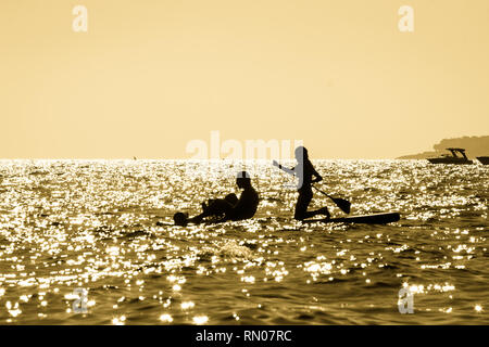 Immagine di una silhouette di una giovane coppia pagaiando su un surf al tramonto in Maro, Andalusia, Spagna. Foto Stock