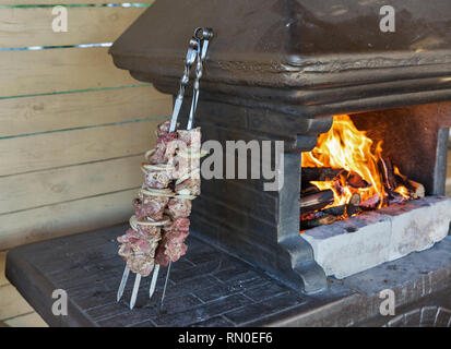 La carne cruda e la cipolla per kebab infilati su spiedini vicino al barbecue Piscina Foto Stock