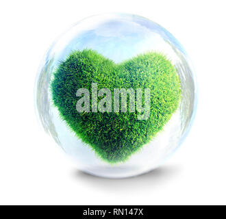 Cuore di erba in bolla di vetro una fragile ecologia concetto 3D illustrazione Foto Stock