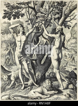 "Adamo ed Eva nel giardino di Eden' incisione di Theodor de Bry (1528-1598). Foto Stock