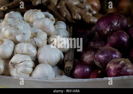 Garclic e cipolla visualizzato insieme per la vendita al mercato dei prodotti freschi Foto Stock