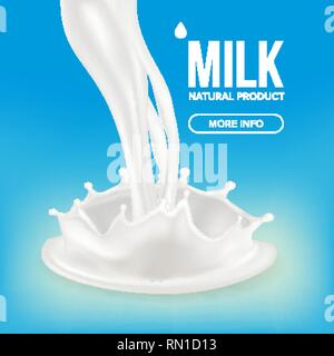 Latte vettore Splash. Crema di latte liquido. Sfondo isolato. Caduta di bianco. Onda di yogurt. 3D illustrazione realistica Illustrazione Vettoriale