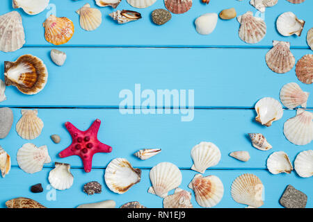 Una foto aerea di una stella di mare, mare, conchiglie e ciottoli formando una cornice su una vivace sfondo turchese, con un posto per il testo all'interno. Un design tem Foto Stock