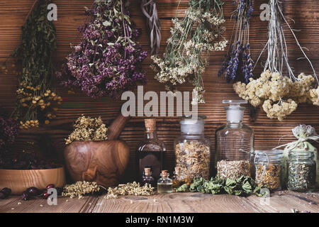 Le erbe aromatiche essiccate appeso al di sopra delle bottiglie di tinture e oli Foto Stock