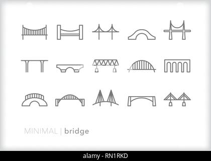 Set di 15 grigio linea a ponte le icone che mostrano i diversi tipi di trasporto per attraversare la strada o viaggiare da un luogo ad un altro Illustrazione Vettoriale