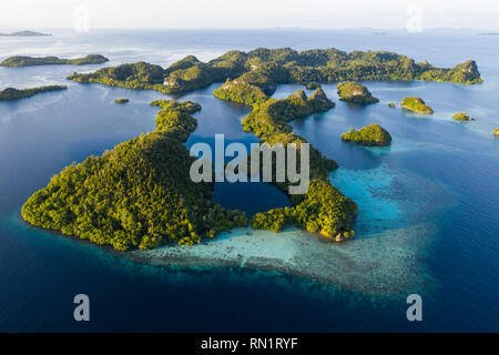 Una veduta aerea di isole Raja Ampat. Questa area è il cuore della biodiversità marina ed è una destinazione popolare per i subacquei e gli amanti dello snorkelling. Foto Stock