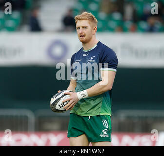 Campo Sportivo di Galway e Galway, Irlanda. Xvi Feb, 2019. Guinness Pro14 rugby, Connacht versus ghepardi; Connacht tutto indietro Darragh Leader durante il warm up Credit: Azione Plus sport/Alamy Live News Foto Stock