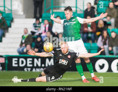 Easter Road, Edimburgo, Regno Unito. Il 16 febbraio 2019. Il calcio. Ladbrokes Premiership league fixture tra Hibernian e Hamilton; Credito: Scottish Borders Media/Alamy Live News solo uso editoriale, è richiesta una licenza per uso commerciale. Nessun uso in scommesse, giochi o un singolo giocatore/club/league pubblicazioni". Foto Stock