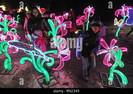 Kiev, Ucraina. Xvi Feb, 2019. Le persone guardano su installazioni lanterne durante il 'Gigante lanterne cinesi festival' al campo di canto di Kiev, in Ucraina, il 16 febbraio 2019. Circa 15 mila lampadine e più di due chilometri di seta sono utilizzati per 30 giant installazioni luminose, ognuna delle quali simboleggia un antico racconto popolare o la legenda della Cina. Secondo gli organizzatori del festival di gigante le lanterne cinesi è uno dei più celebri mostre in tutto il mondo, che si è svolta in più di quaranta paesi. Credito: Serg Glovny/ZUMA filo/Alamy Live News Foto Stock