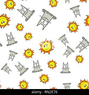 Modello senza giunture dei gatti e suns in stile cartoon. Su sfondo bianco, illustrazione vettoriale. Illustrazione Vettoriale