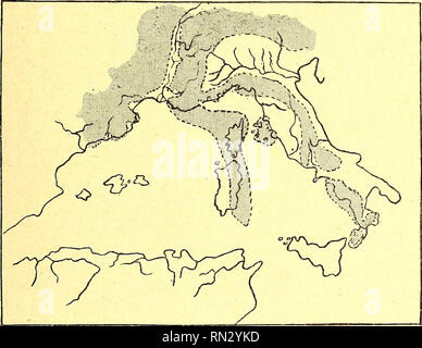 . Annales de la Societe Linnéenne de Lyon. Storia naturale. DE VERTÉBRÉS PLÉlSTOCENES 127 peu près parallèlement à la déviation semblable de l'Italie actuelle. Cette péninsule englobait la Corse à peu près entière, plus la moi- tié orientale delà Sardaigne et s'étendait plus ou moins lombo vers le Sud dans la Direction de la Sicile. Nazioni Unite bras de mer pliocène, passant au grande de la côte occidentale de la Corse, pénétrait en Sardaigne qu'elle traversait en écharpe depuis Sassari jusqu'à Cagliari. Ce bras de mer sarde devait être limité Du côté de l'Ouest par une grande. CARTE DE LA MER TYRRBEN'ItN Foto Stock