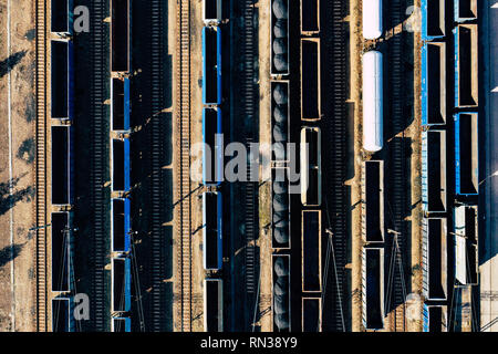 Vista aerea di coloratissimi treni merci sulla stazione ferroviaria. I carri con merci su ferrovia. Industria pesante. Industriali scena concettuale con i treni. Foto Stock