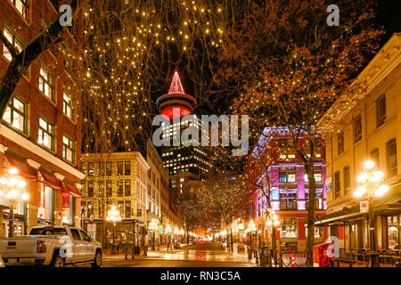 Notte, acqua Street, Gastown, Vancouver, British Columbia, Canada Foto Stock