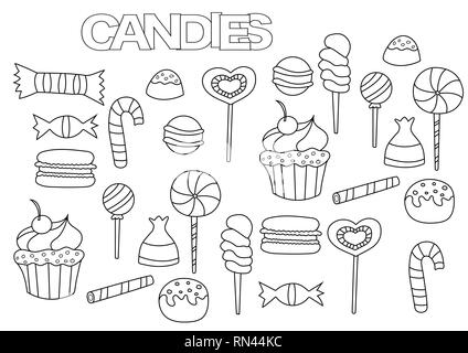 Disegnata a mano candy bar set. Libro da colorare il modello di pagina. Delineare doodle illustrazione vettoriale. Illustrazione Vettoriale