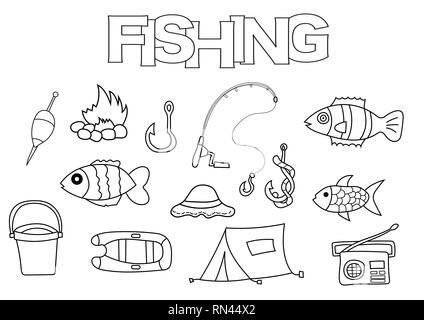 La pesca elementi disegnati a mano impostato. Libro da colorare modello. Delineare gli elementi doodle illustrazione vettoriale. Bambini pagina di gioco. Illustrazione Vettoriale