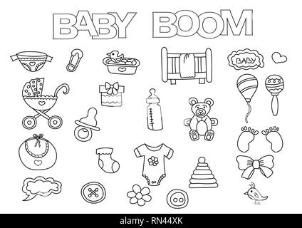Baby-boom elementi disegnati a mano impostato. Libro da colorare modello. Delineare gli elementi doodle illustrazione vettoriale. Bambini pagina di gioco. Illustrazione Vettoriale