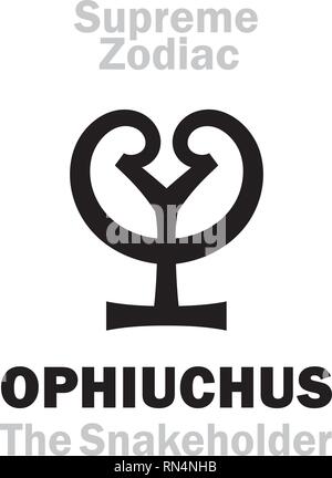 Alfabeto astrologia: OFIUCO (l'Snakeholder), costellazione Ofiuco (oth.name: Serpentarius / Anguitenens). Segno di suprema Zodiaco (esterno). Illustrazione Vettoriale