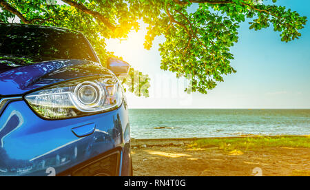 Blue sport Auto SUV parcheggiata dal mare tropicale sotto ombrellone albero. La vacanza estiva in spiaggia. Estate viaggi in automobile. Viaggio su strada. Industria automobilistica. Foto Stock