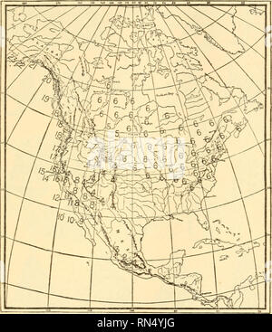 . Biologia animale. Biologia; Zoologia; fisiologia. Discesa con cambio 36$. Fig. 236. - Distribuzione geografica della canzone passeri. Ogni numero diverso indica habitat di una sottospecie. "Troviamo integradation completa a colori e dimensioni. Nulla si può disegnare la linea. Come le condizioni climatiche in cui gli uccelli vivono cambiamento, gli uccelli di mantenere il ritmo. Qui abbiamo una specie in fiore, come si trattasse di un singolo brano Sparrow levetta con i suoi ventinove blos- som, uno qualsiasi dei quali può apportare una crescita indipendente come una specie se sono stati separati dal genitore gambo. Senza dubbio qualche giorno il separ Foto Stock