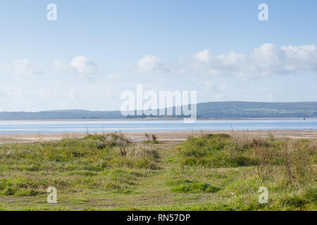 Vista del lungomare Burryport con erba e spiaggia vista sulla giornata di sole in Galles Foto Stock