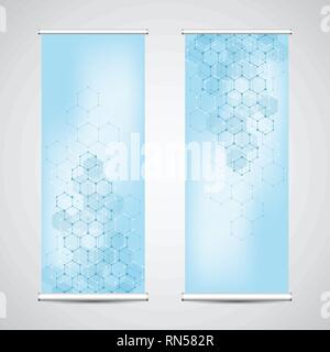 Roll up banner stand con abstract sfondo geometrico di esagoni pattern. Illustrazione Vettoriale