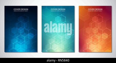 Template vettoriale per coprire o brochure, con esagoni e pattern di sfondo tecnologico. Abstract texture geometrica e hi-tech sfondo digitale. Illustrazione Vettoriale