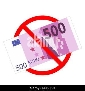 Cinque centinaia di banconote in euro non sono ammessi, rosso vietato firmare isolato su bianco Illustrazione Vettoriale