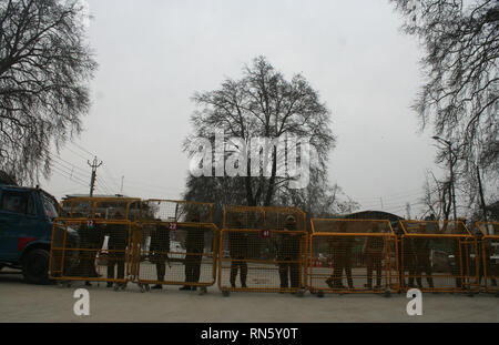 Kashmir indiano, somministrata. 17 feb 2019. La polizia indiana sta di guardia , durante una manifestazione di protesta dei popoli partito democratico (PDP) contro le presunte molestie e attacchi contro il Kashmiris nel Jammu e al di fuori dello Stato .vita normale dopo aver interessato bandh chiamata.Il Kashmir bandh chiamata era supportato dai principali organismi commerciali come il Kashmir alleanza economica e Kashmir commercianti e Manufacturers Federation nonché associazioni di trasportatori.©Sofi Suhail/Alamy Live News Foto Stock